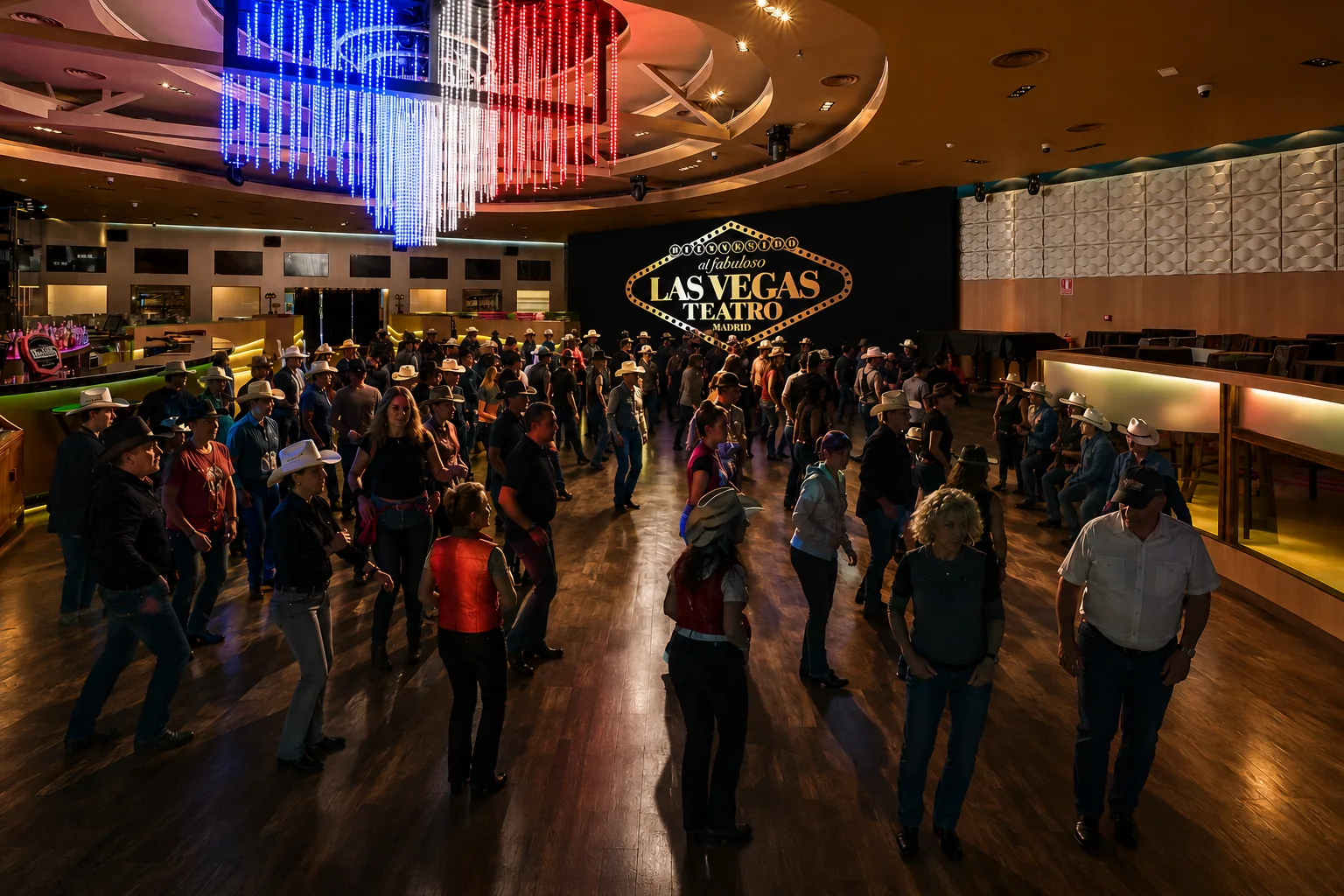 Pista de baile country llena de bailarines con luces